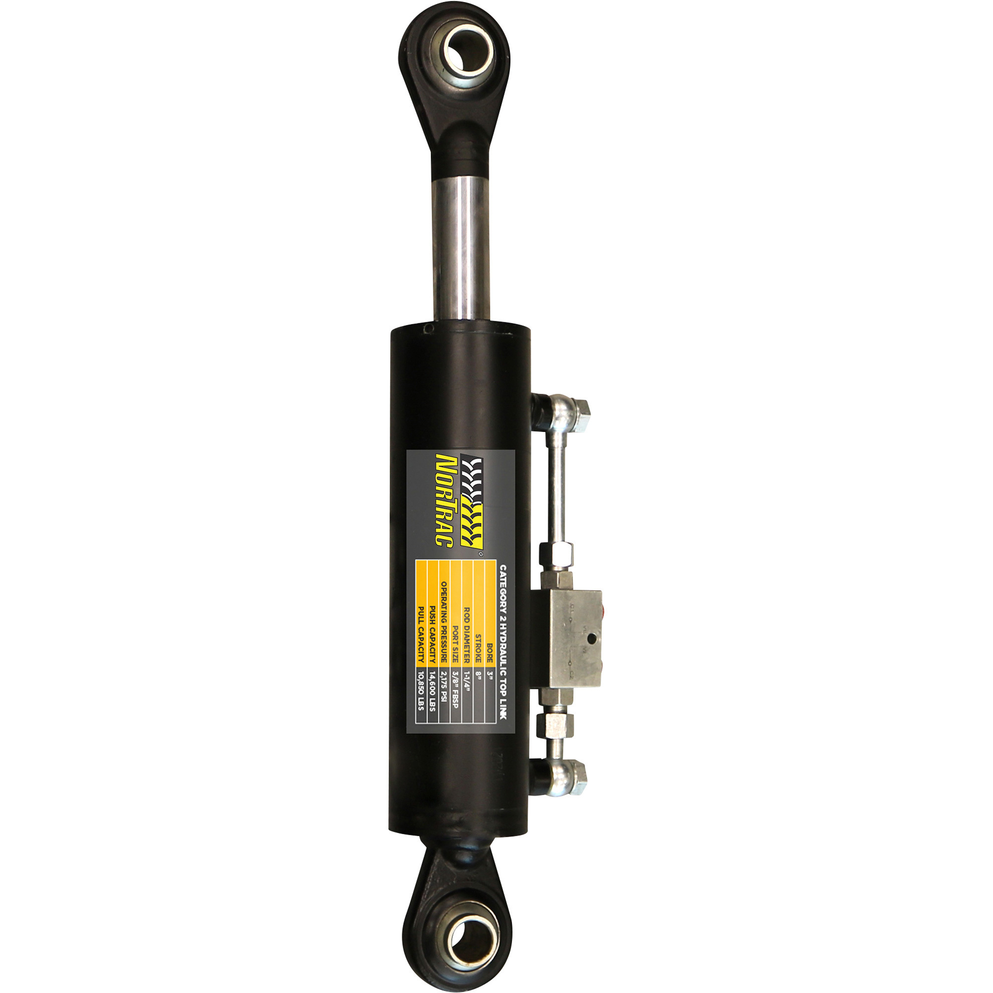 NorTrac Hydraulic Top Link Cylinder and Quick-Connect Hose Kit with Double Pilot-Operated Check Valve, 3in. x 8in., Category 2